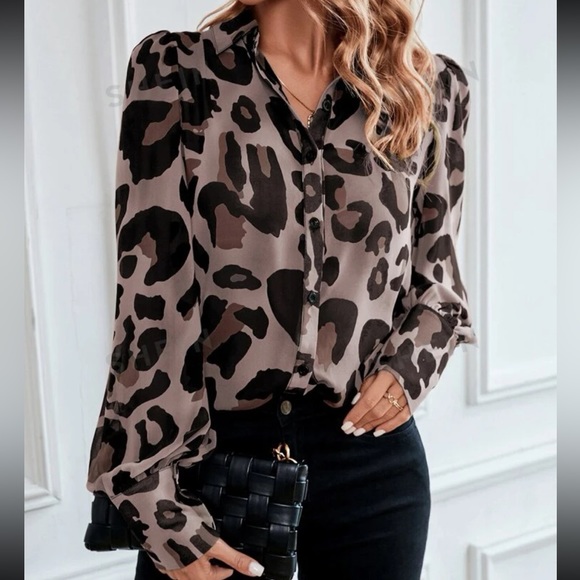Leopard Print Sheer Button Down Up Shirt Top Blouse - Picture 6 of 7